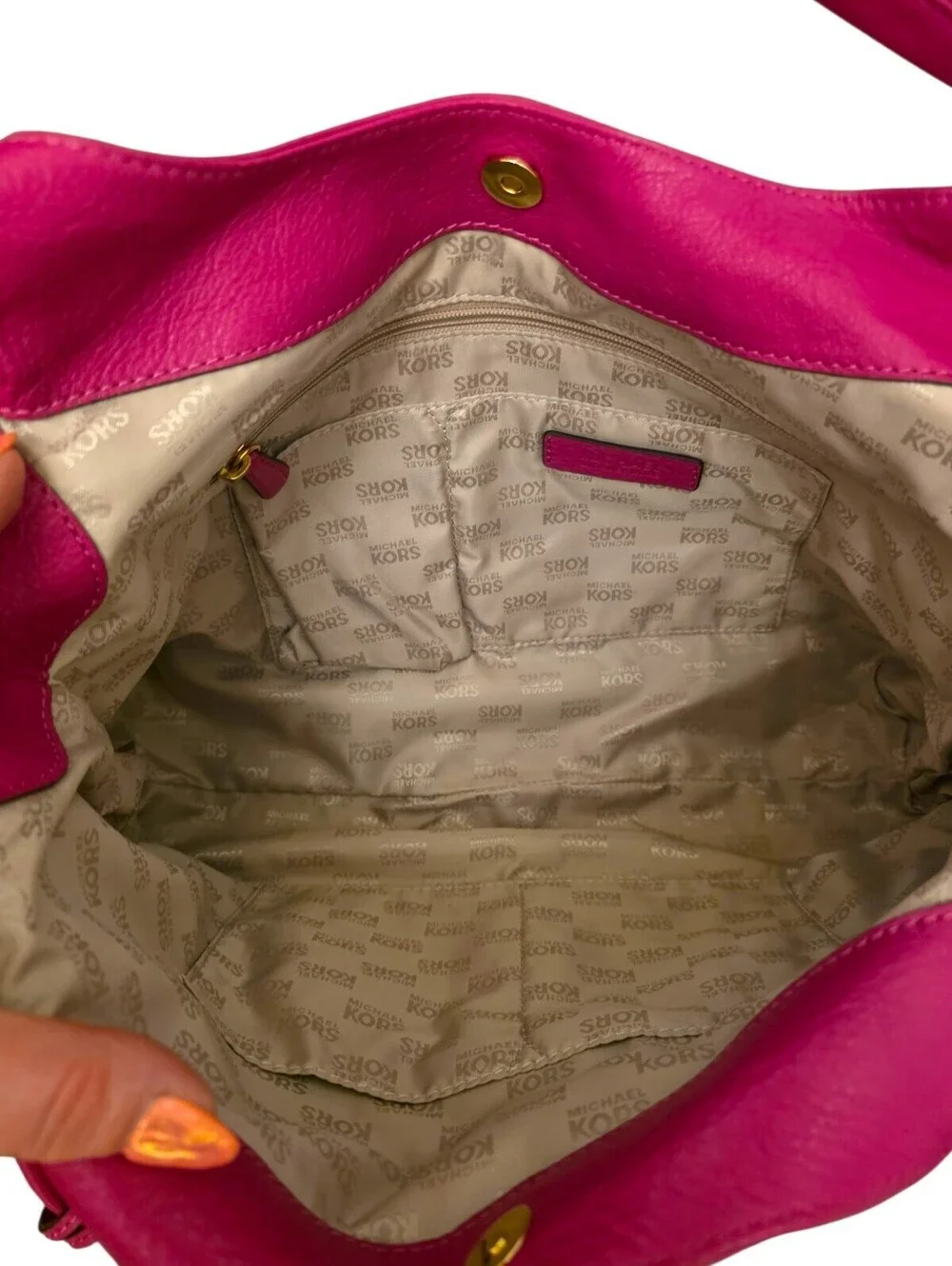Michael Kors Hot Pink Fuchsia Leather Hobo Shoulder Bag Gold Hardware Large